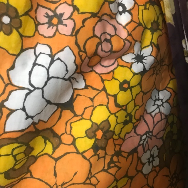 CURTAIN, Pair 1970s Orange Yellow Floral